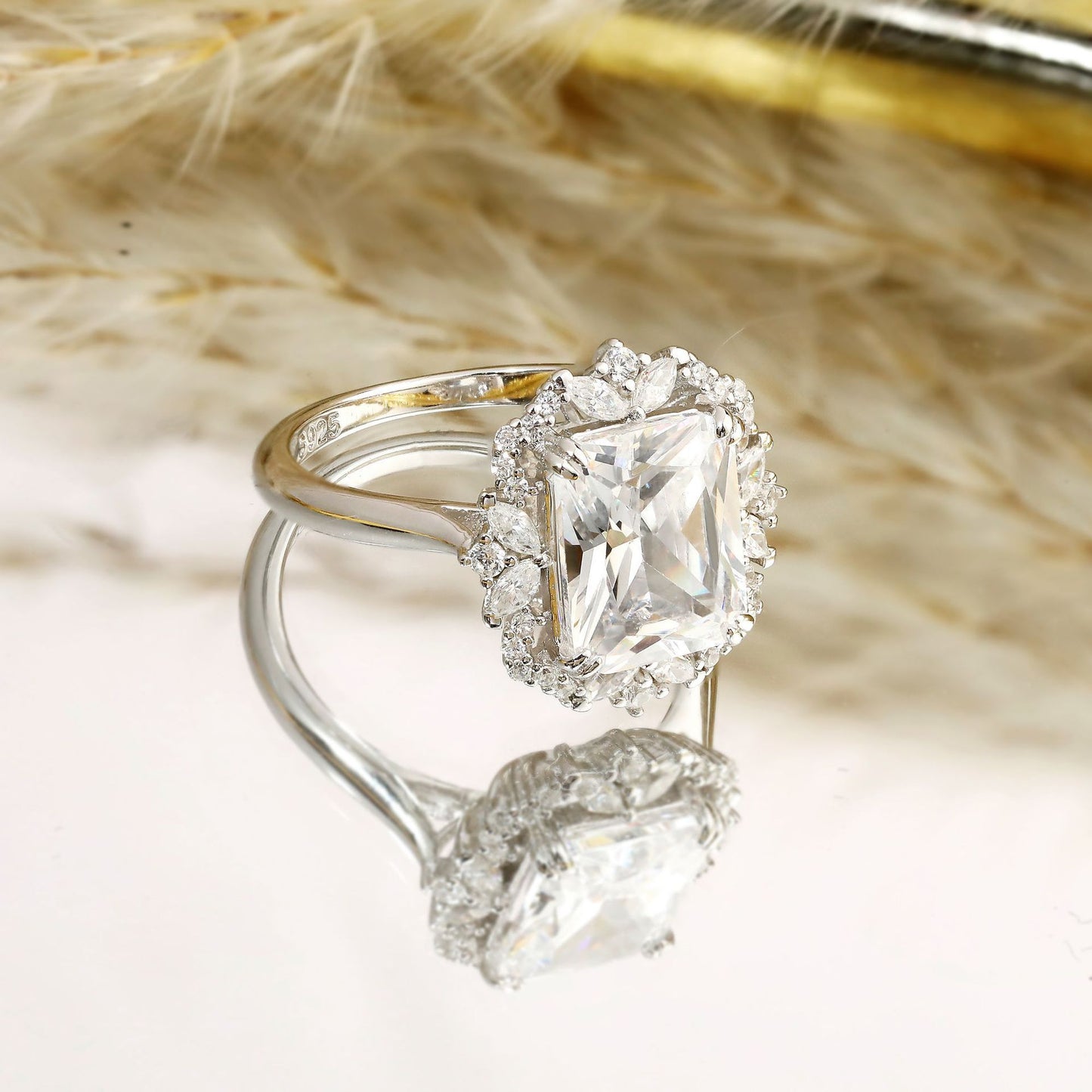 Silver ring with a large Zircon 810 4 Karat and smaller Zircon on a soft background