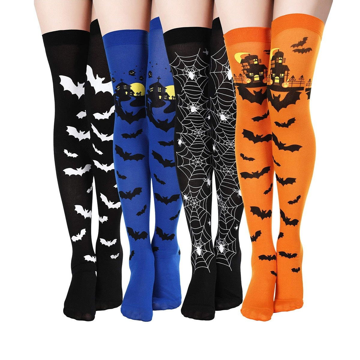 Set of five Halloween-themed knee-high socks with various designs on a white background.