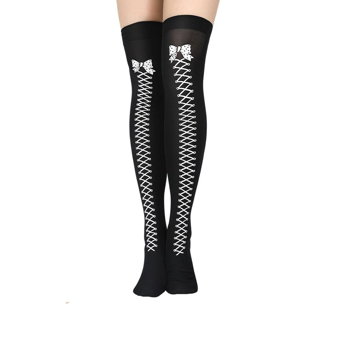 Black knee-high socks with white lattice design and bow details on a white background