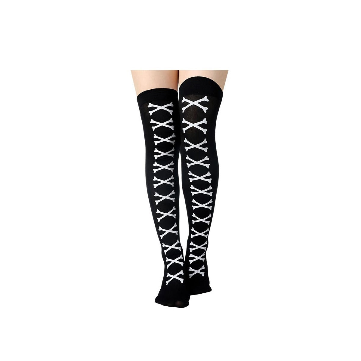 Black knee-high socks with white lace pattern on a white background