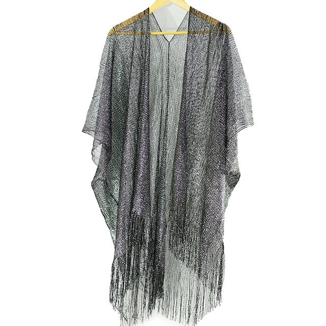 Gray fringe Cover-Up on a hanger against a white background
