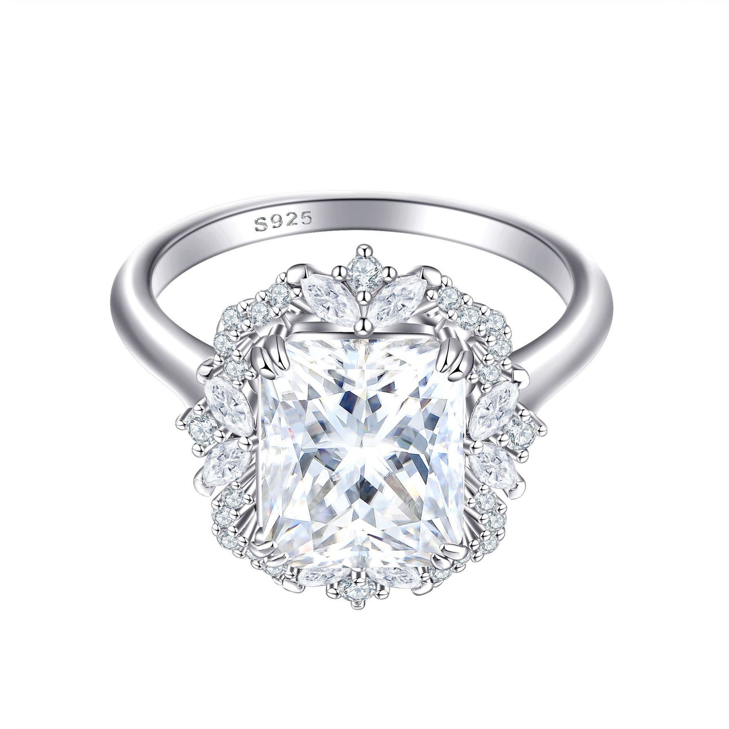 Silver ring with a large 4 Karat Zircon gemstone and smaller stones on a white background
