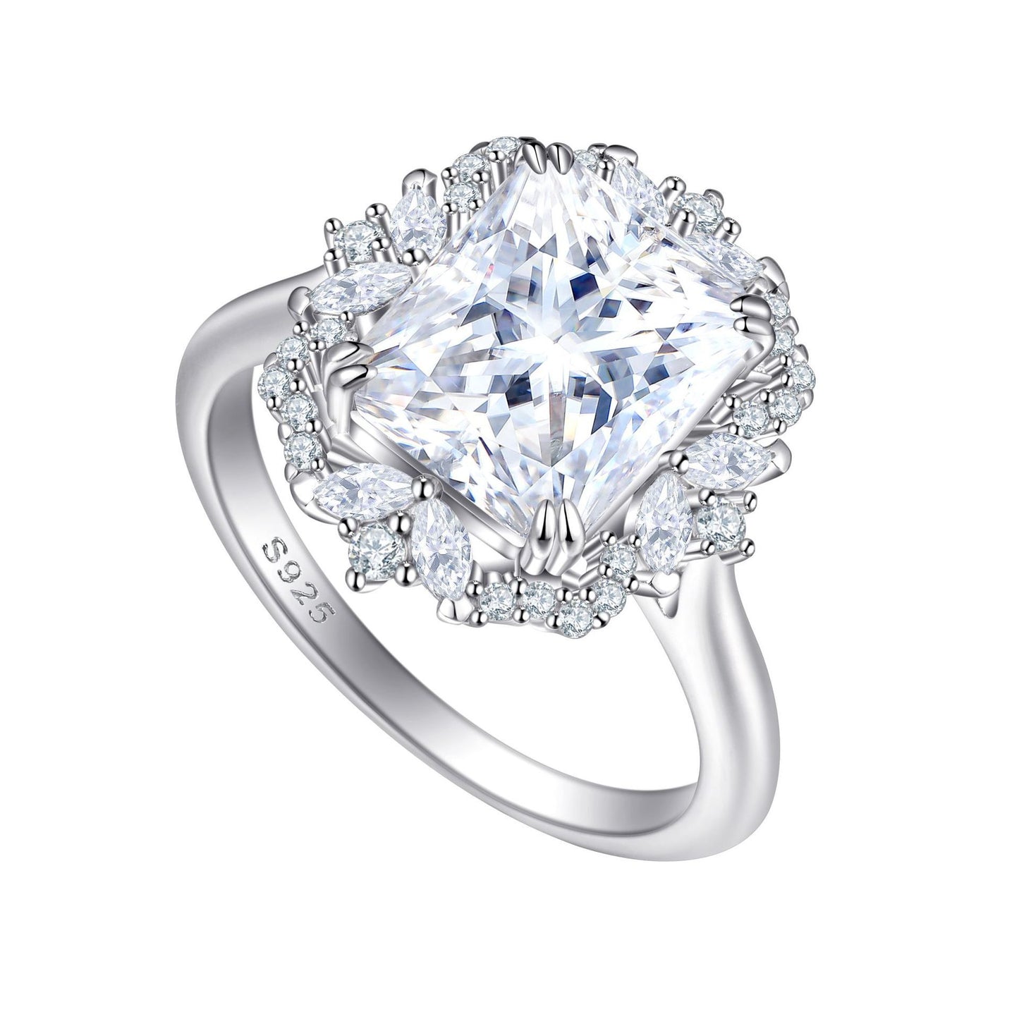 Silver ring with a large Zircon 4 Karat gemstone and smaller diamonds on a white background