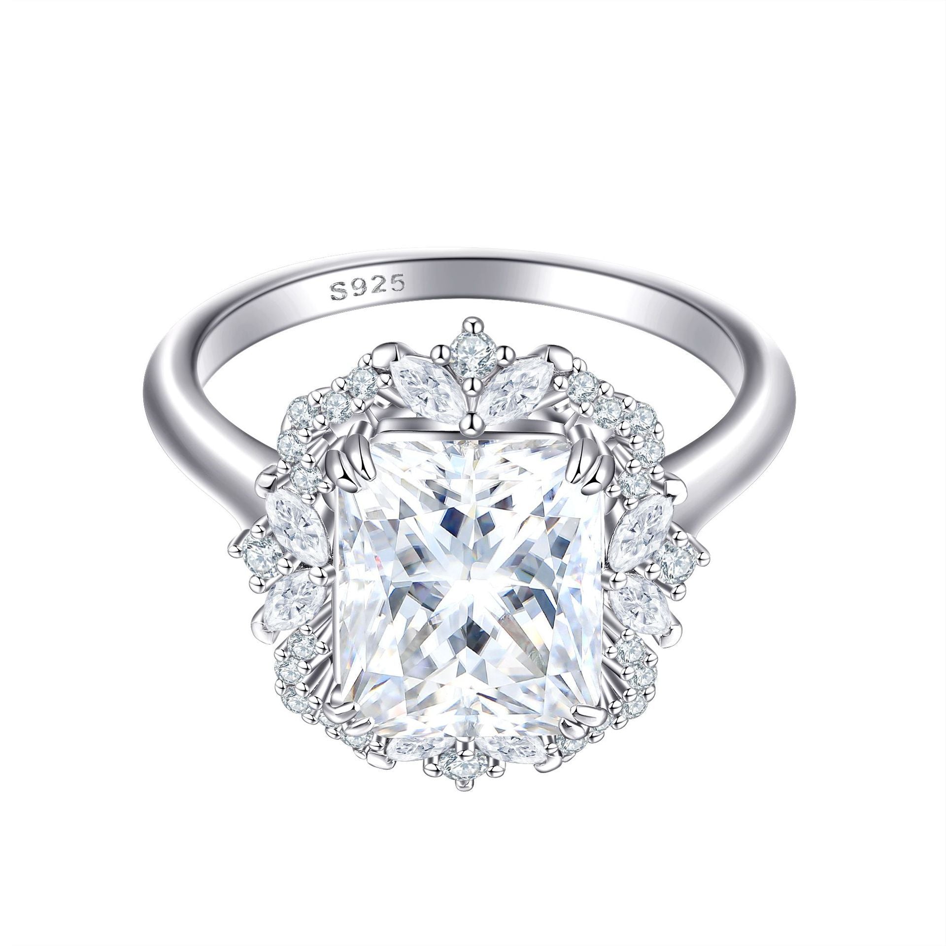Silver ring with a large 4 Karat Zircon gemstone and smaller stones on a white background