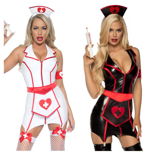 Two women in nurse costumes, one white and red, the other black and red, on a white background.